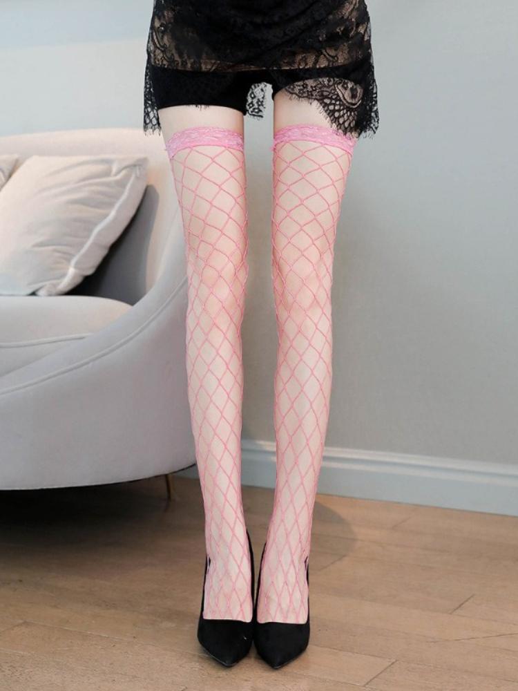 Women'S Sexy Fishnet Stockings Lace Trim Solid Color Thigh High Socks Japanese Style Gothic Lolita Jk Mesh Over-The-Knee Socks