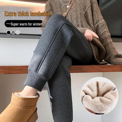 Women's Dark Grey Lambswool Sweatpants with Plus Velvet, Thickened Hoodie Style for Autumn/Winter. Casual Warm Joggers.