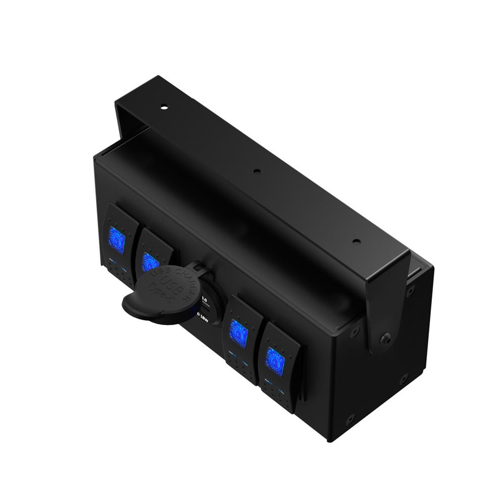 4 Gang Rocker Switch Box 12V/24V ON Off Switch QC3.0+PD 18W USB Charger for Boat Car RV Truck