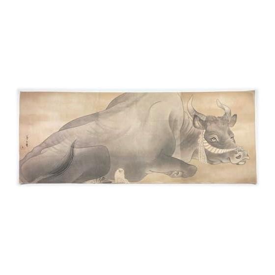Tenugui Towel - Nagasawa Rosetsu Black Ox Screen Print - 85cm x 35cm - 100% Cotton - Tokkaoka Fabric - Japan - Reactive Dye - Nassen Print