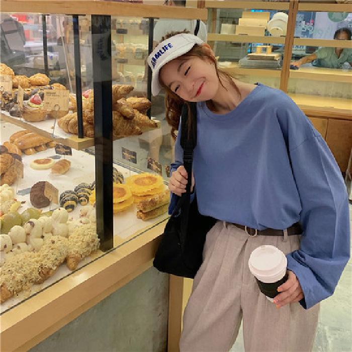 Spring and Autumn Women's Loose Solid Colour Long Sleeve Plus Size Tops