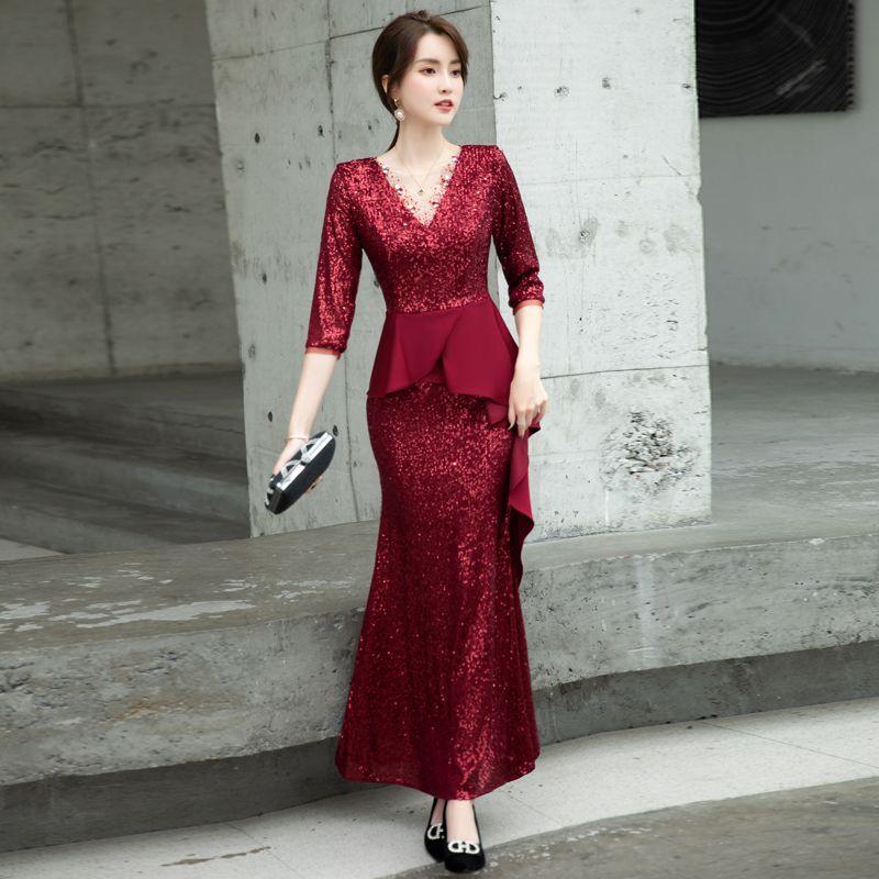

Винно-красное свадебное платье для матери, вечернее платье, элегантное свадебное платье с пайетками и юбкой «рыбий хвост», благородное, молодое, в западном стиле Wine Red B839 S