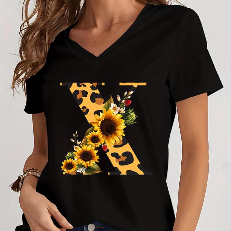 Women's V-Neck T-Shirt Sunflower Leopard Print Letter B Tee Top Floral Animal Print Initial Casual Tee A-Z 26 Alphabet Clothes