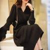 Women's Black Knitted Wool Dress with Coat - Mid-Length, Over Knee, Long Sleeve for Autumn/Winter 2024.