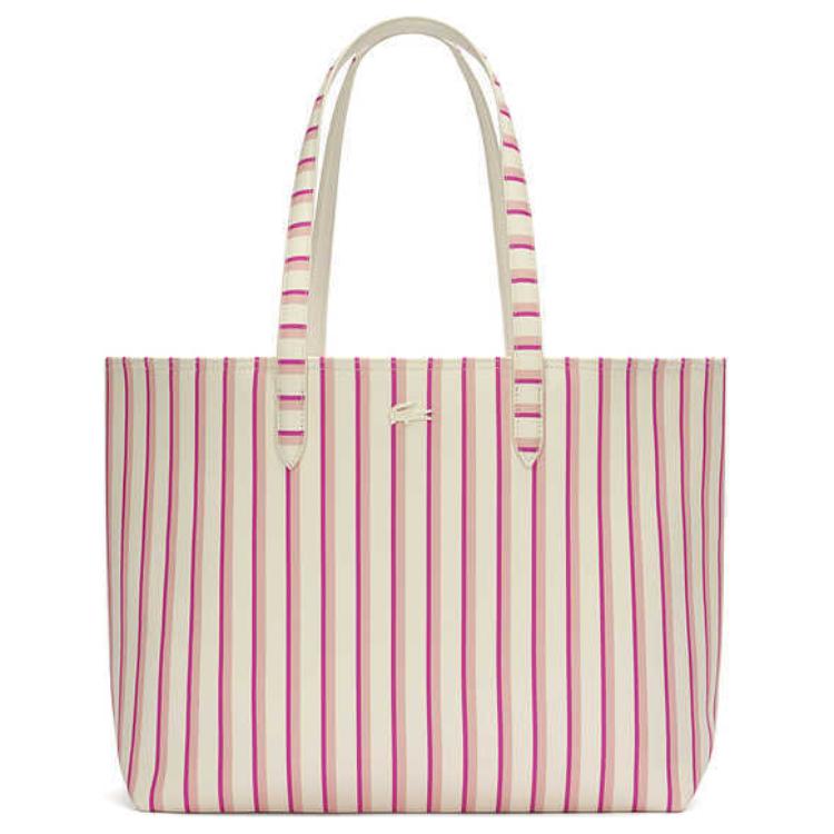 Lacoste Fashion Versatile Striped PVC Tote Shopping Bag Women tote Red Beige NF4932AS-Q68 Red & Beige