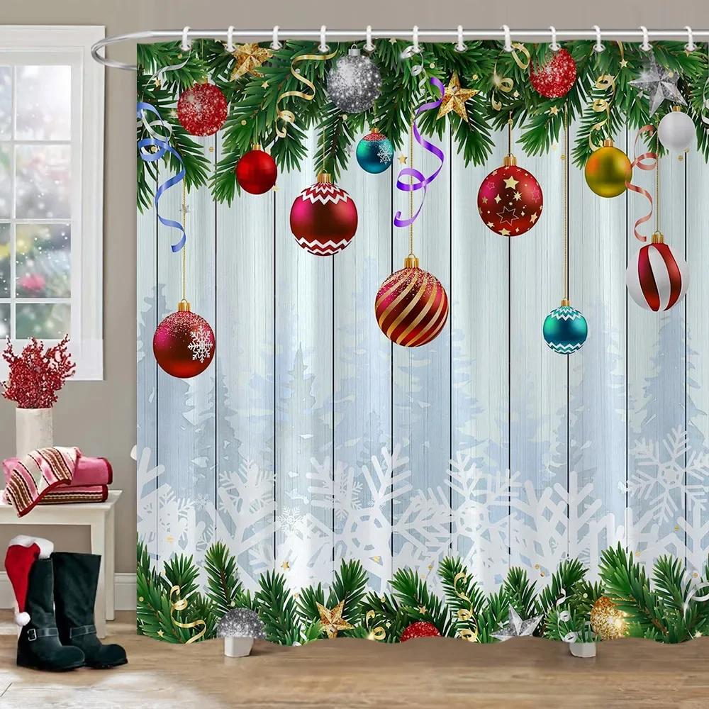 Merry Christmas Shower Curtain Winter Red Truck Snowman Reindeer Snow Farmhouse Shower Curtain Washable Polyester Bathroom Decor