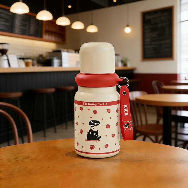 Cartoon cute thermos cup student portable stainless steel water cup children go to school rope anti-drop sports kettle