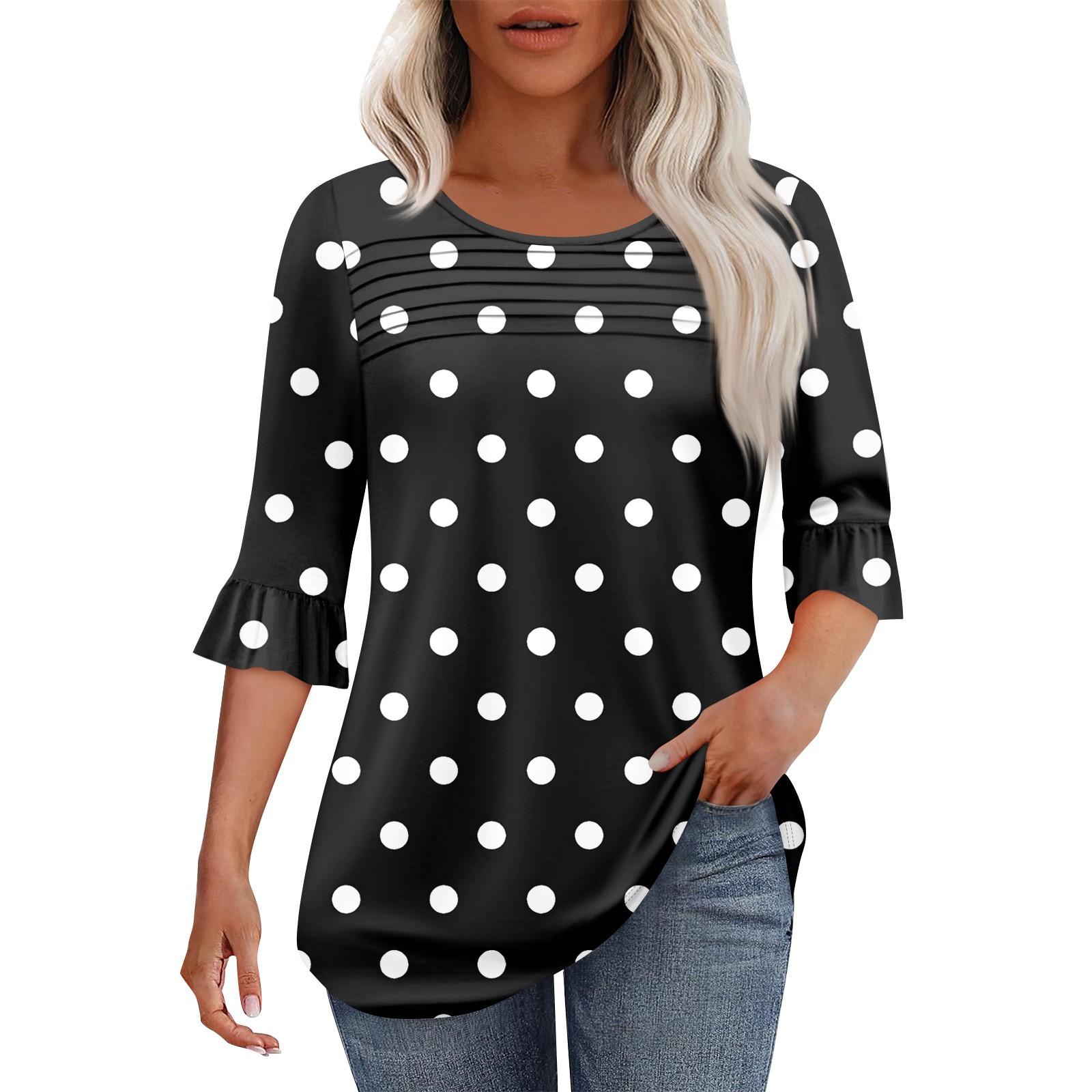 

Женская мода круглый вырез шея плиссированный спереди напечатанные точки расклешенный топ рукав 3/4 XXL чёрный