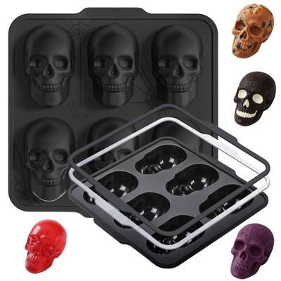 Trendy Silicone Halloween Skull Cake Pan 6 Cavity Skull Metal Framed Baking Tray Food-Safe Non-Stick Baking Pan for Baking