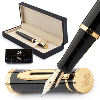 Wordsworth Svart Reservoarpenna 18K Extra Fin Bläck Bläckpåfyllning Omvandlare Gåva Guld & Set, Spets, 24-pack Patroner, & Låda, Finish, Kalligrafi, [Svart