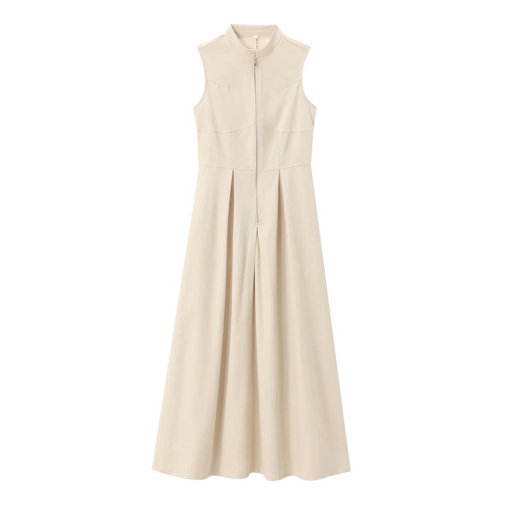 Spring Women's European and American Style French Design Round Neck Sleeveless Waist Cinched Commuting Temperament Midi Dress