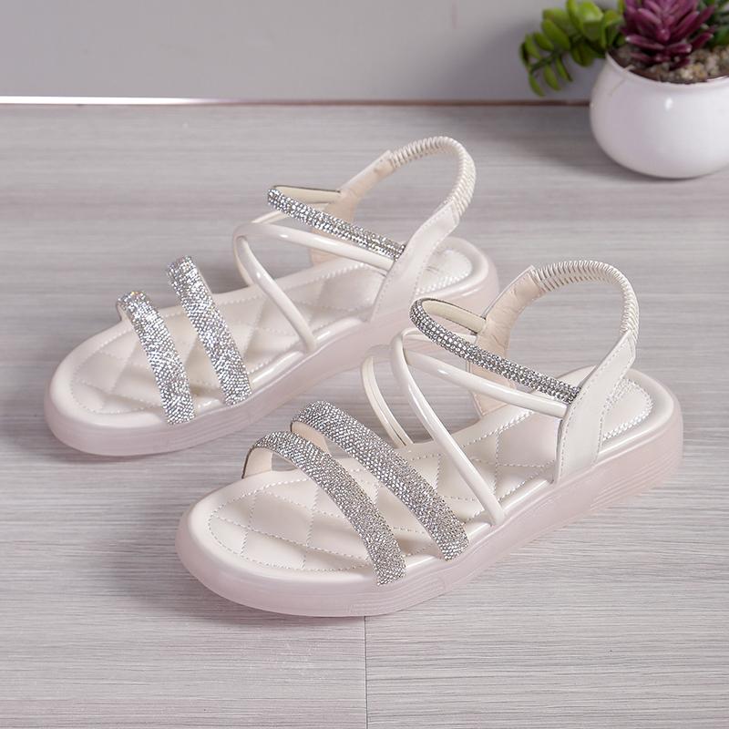 

Fashion Women s Fashion Round Head Open Toe Crystal Fine Strap Set Foot Soft Soles Anti-slip Wear-resistant Flat Shoes 35