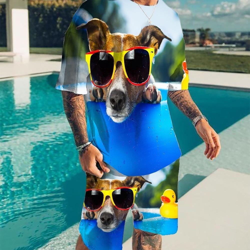 Summer Fashion Men's Personalized Fun Animal 3D Printing Two-piece Set Fashionable Comfortable Breathable Loose Large Size Sports Wear