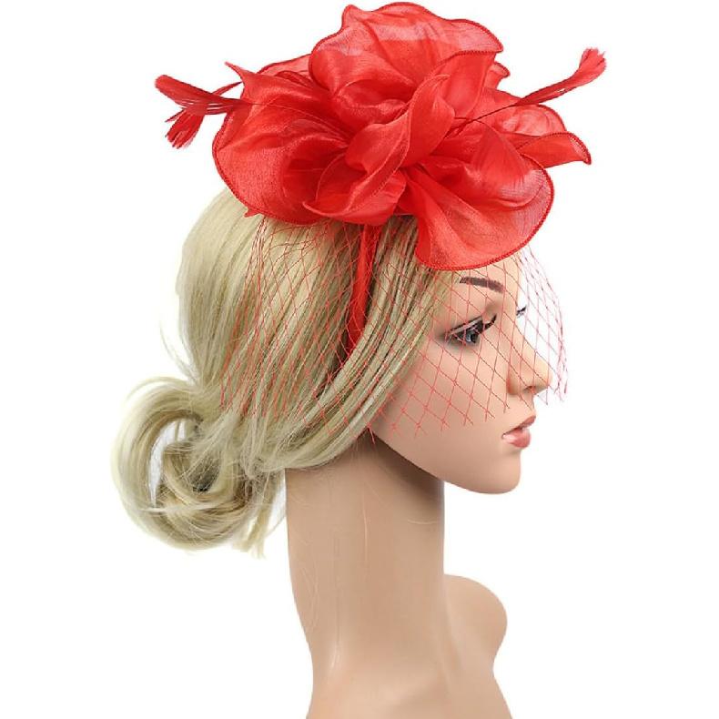 Baluue Mesh Flower Design Red Wedding Tea Party Headband Headdress for Women Special Occasion Accessory