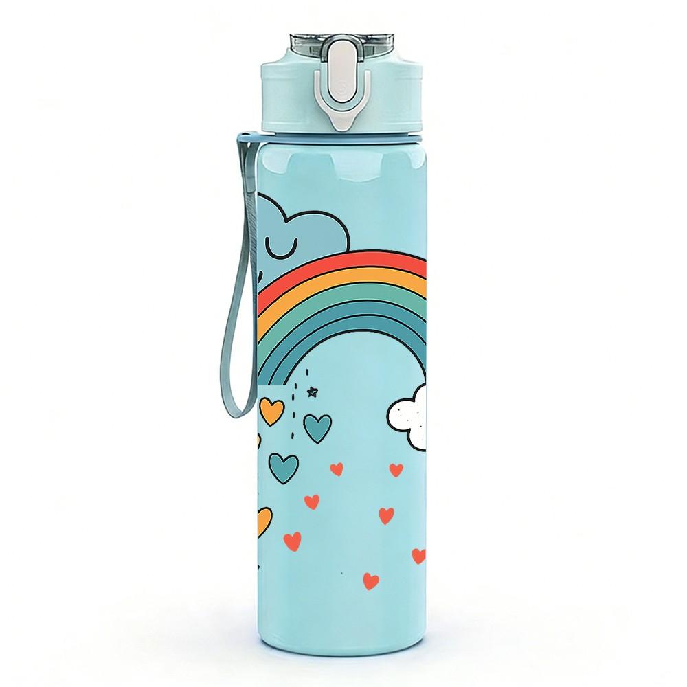 1PC Cloud Rainbow Heart 750ml Color Plastic Sports Water Bottle Leakproof Flip Straw Lid Suitable for Sports Office Home Use