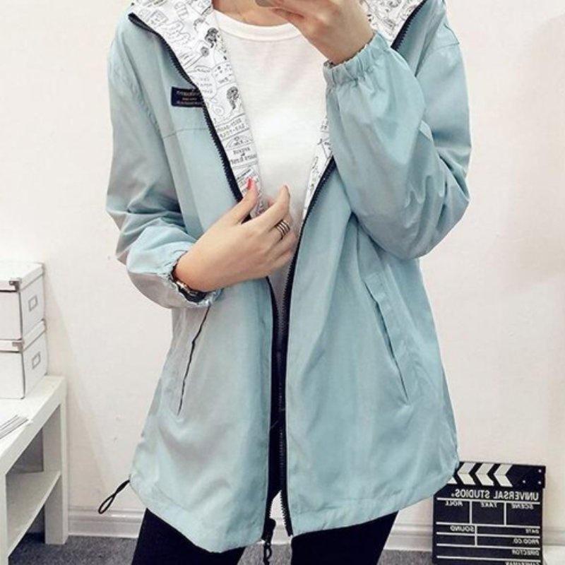 Stylish Women Jacket Coat With Zipper And Pockets Featuring Cartoon Print Design