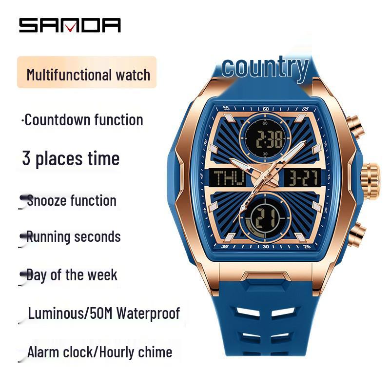 Sanda Dual-Movement Barrel Watch: Luminous Alarm, Large Dial, Multifunctional Student Watch.