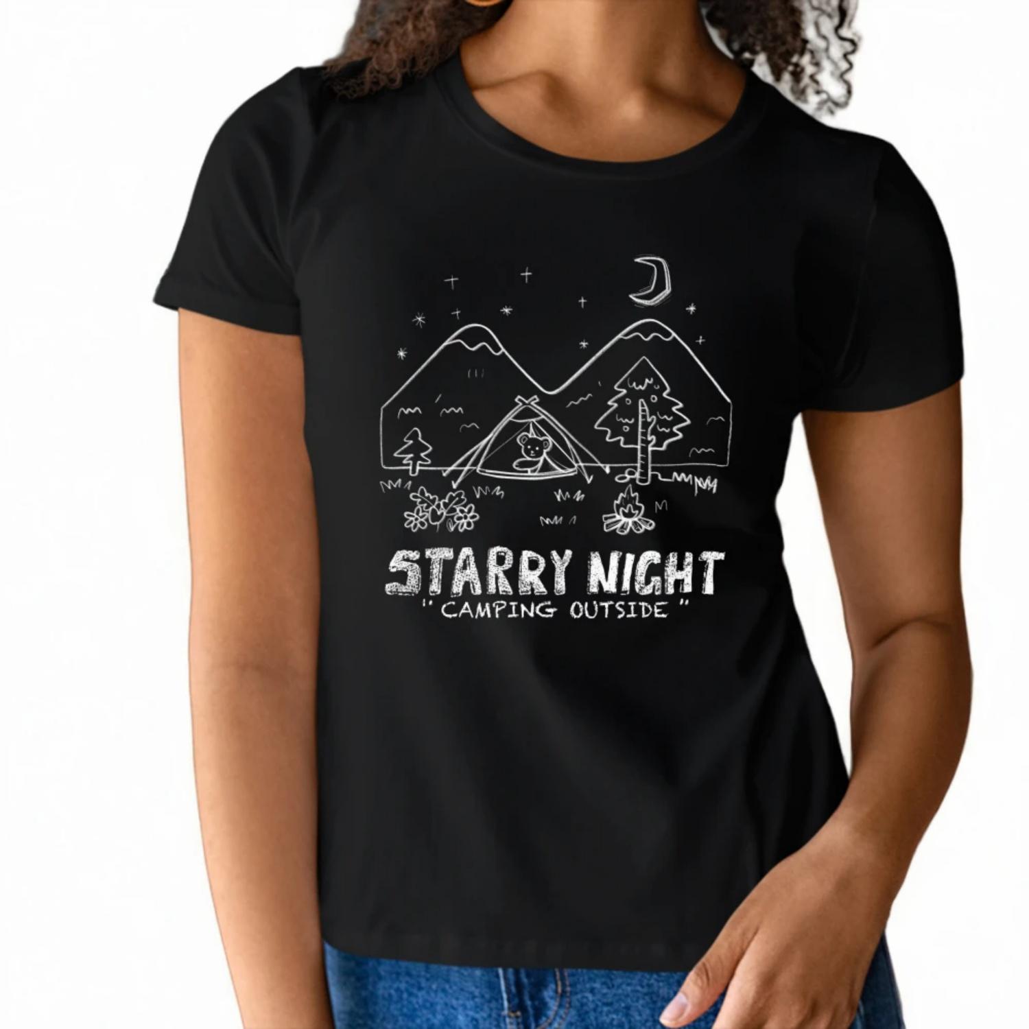 

Outdoor loving Womens Short Sleeve T Shirt Starry Night Camping Outside Design with Camping Scene Graphic for a Rustic Look S чёрный