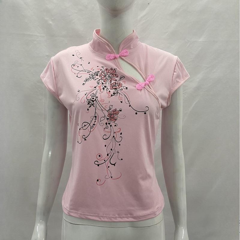 Summer Chinese style loose slimming slant buckle slim fit short sleeved T-shirt for women