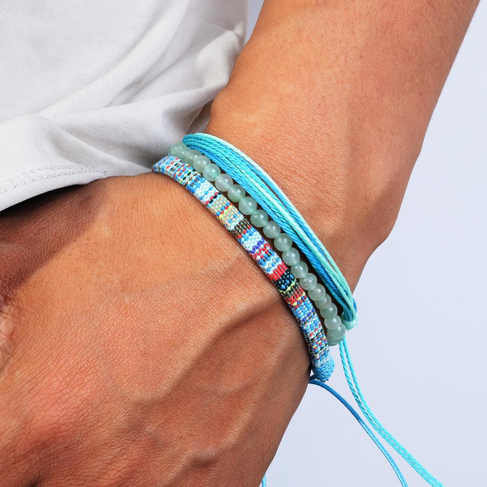 3pcs/set Men's Braided Bracelet Set, Natural Stone Couple's Bracelet, Bohemian Ethnic Cotton and Linen Hand-woven Bracelet