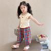 Girls Summer Short Sleeve Plaid Pants Two Piece Set Lightweight and Stylish