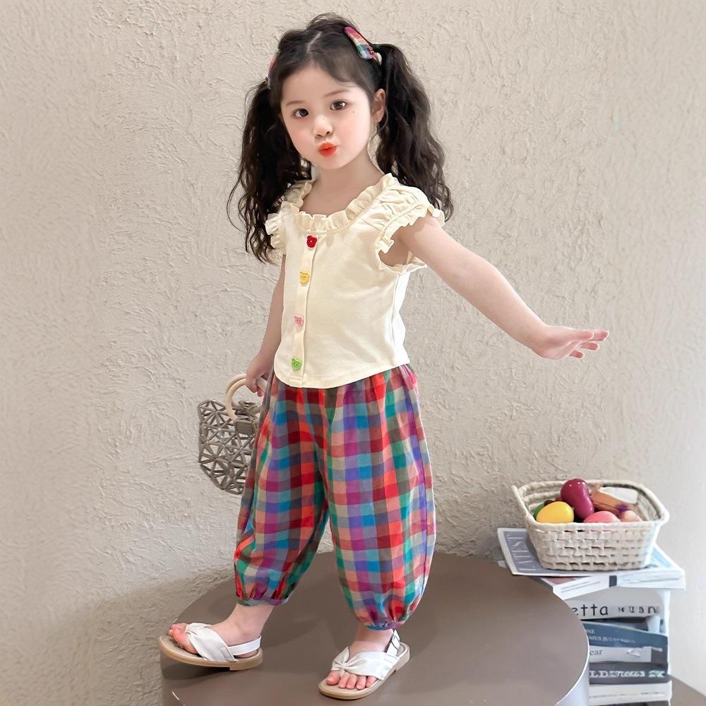 Girls Summer Short Sleeve Plaid Pants Two Piece Set Lightweight and Stylish