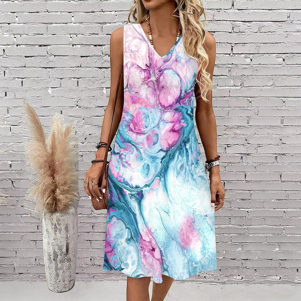 Plus Size V Neck Sleeveless Dress Sun Dappled Stream Forest Print For Afternoon Garden Leisure