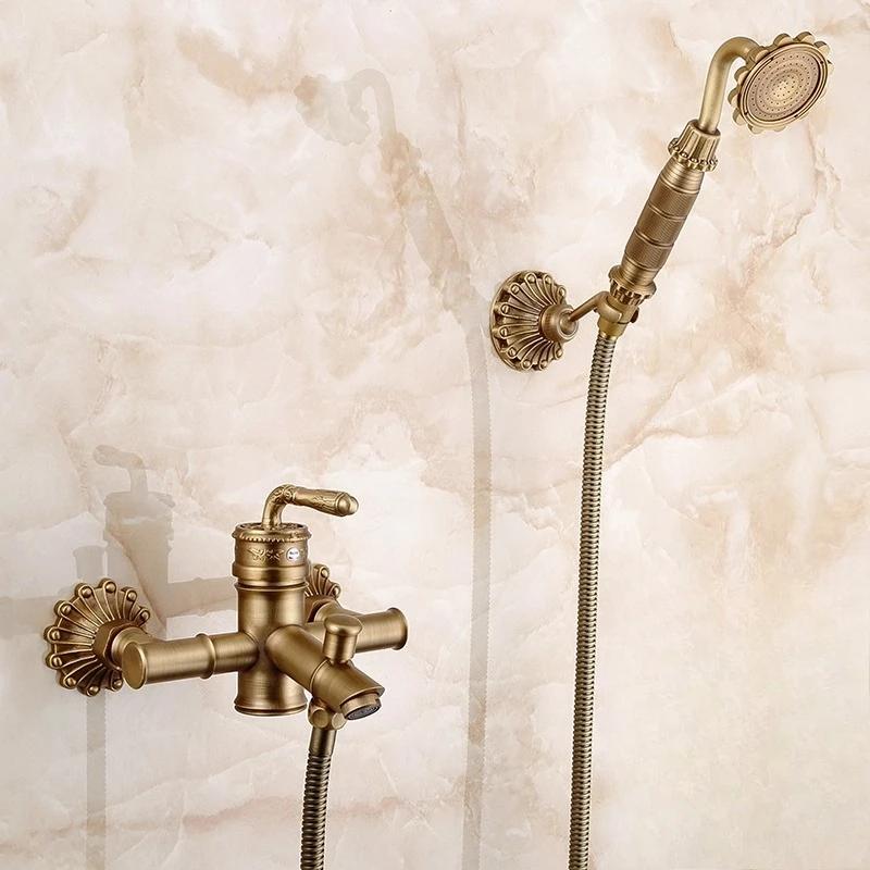Retro Bathroom Bathtub Faucet Wall Mounted Hand-operated Showerhead Antique Brass Simple Showerhead Set for Bathing