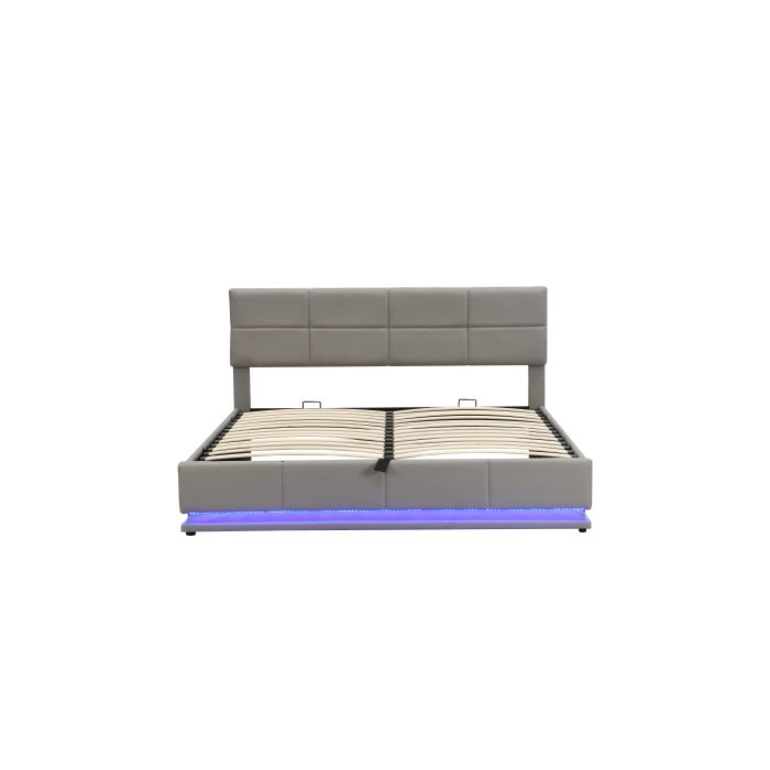 Bett - MUVOE - 180x200 cm - LED-Beleuchtung - Hydraulischer Stauraum - Helles Kunstleder