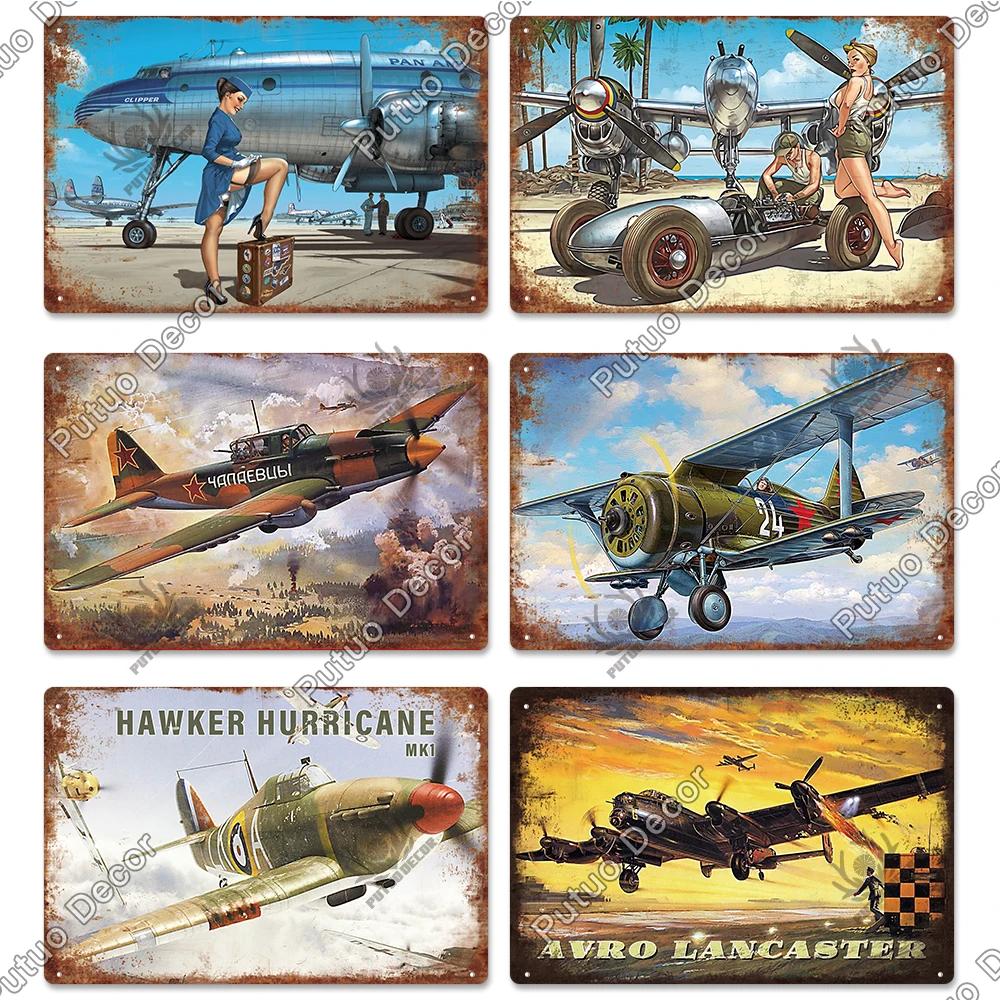 Putuo Decor Fighter Plane Vintage Tin Sign Plaque Metal Plate Retro Posters Wall Art Decoration for Garage Man Cave Pub Bar Club