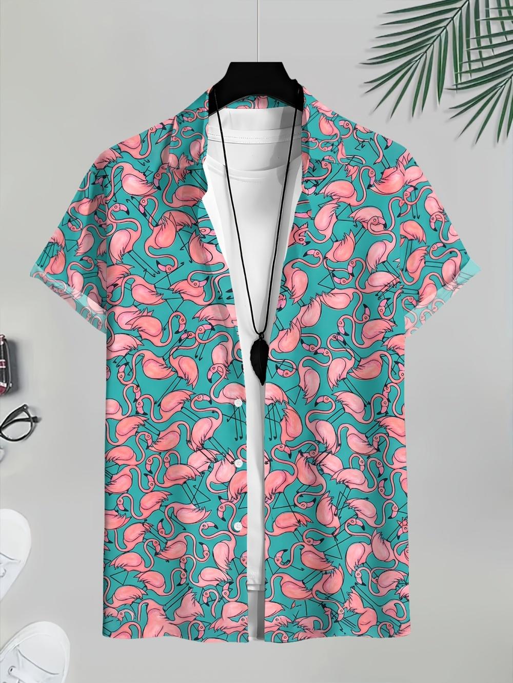 Hawaiian Botanical Flower Flamingo Print Men s Short Sleeve Shirt Lapel Seaside Shirt Top Casual Fashion Shirts Quick-Dry Tops S