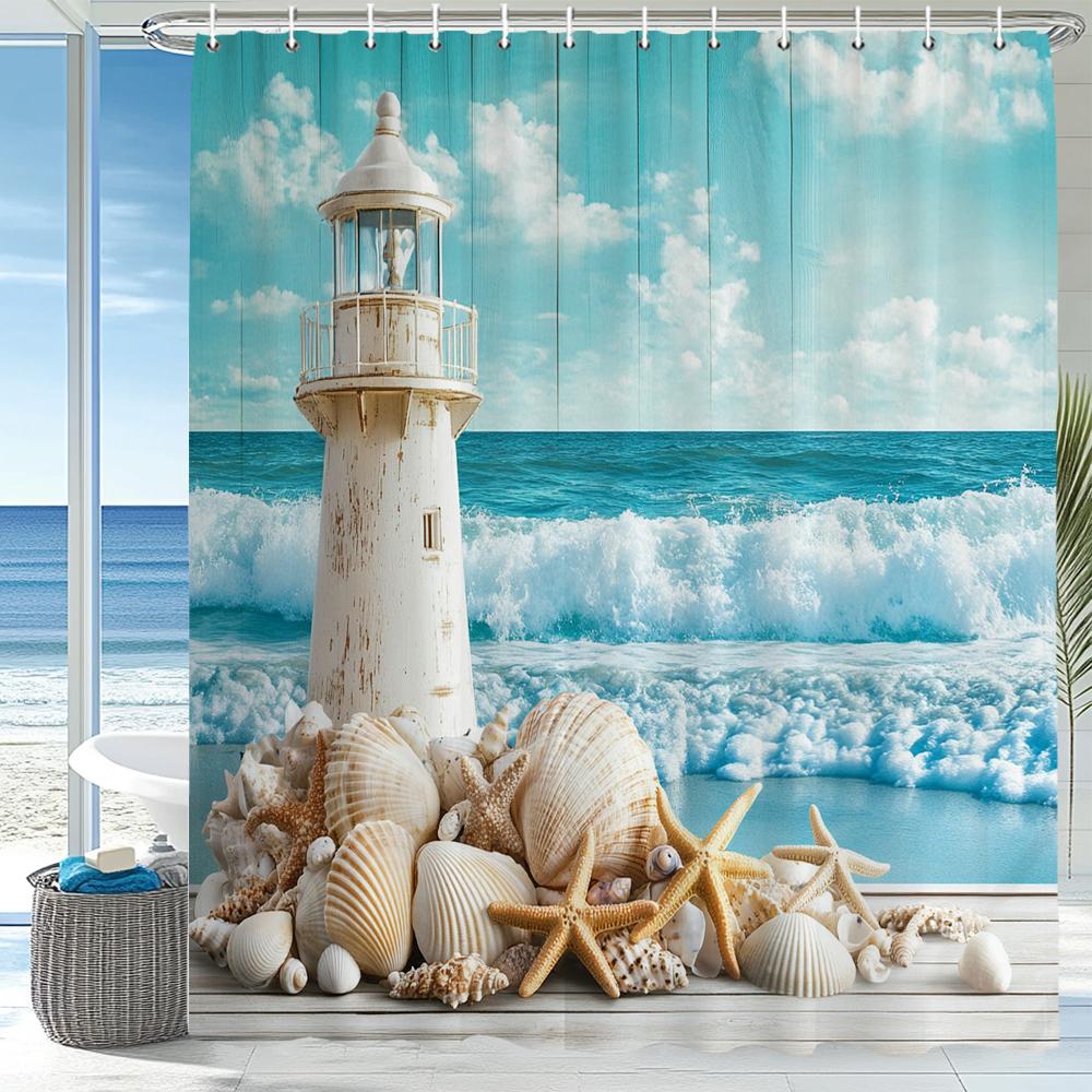 Dunika Chen Blue Ocean Beach Seaside Lighthouse View Shower Curtain, Bathroom Decorative Shower Curtains, Home Curtain With Hooks