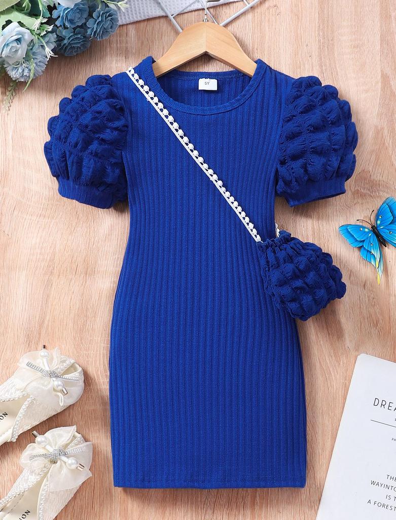 Kids' Lightweight Bubble Dress: Short Sleeve, Round Neck, Solid Color with Bubble Pockets