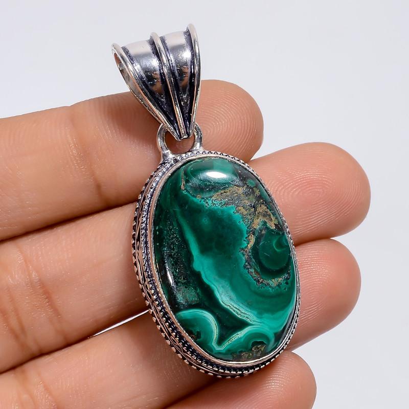 

Elegant Top Grade Qualite 100% Natural Malachite Oval Shape Vintage Style Handmade Jewelry 925 Steling Silver Plated Pendant 1.9 WSJ-4920 1.9