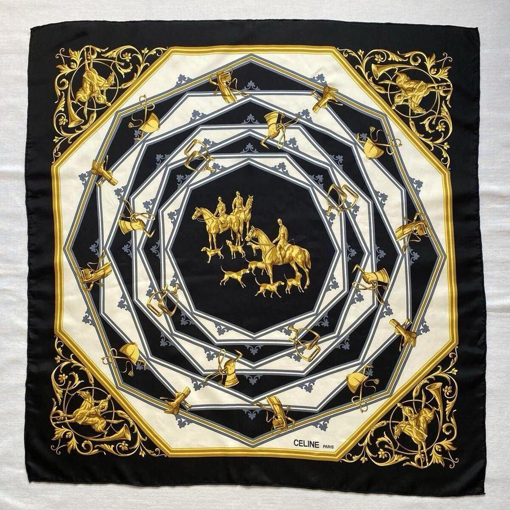 Used CELINE Scarf Silk Black Gold Equestrian Horse Riding Large Vintage