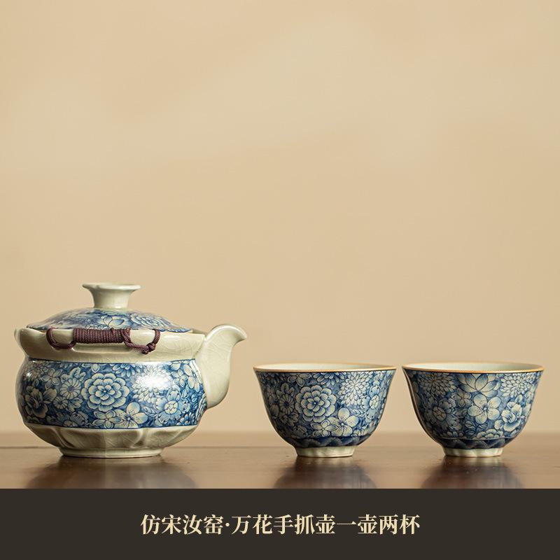 

Boutique Ru Kiln Hand-grasp Pot Creative Flowers Tea Set Kit With Begonia Plate Retro Tea Ceremony Set Pot And Cu Teaset Crafts