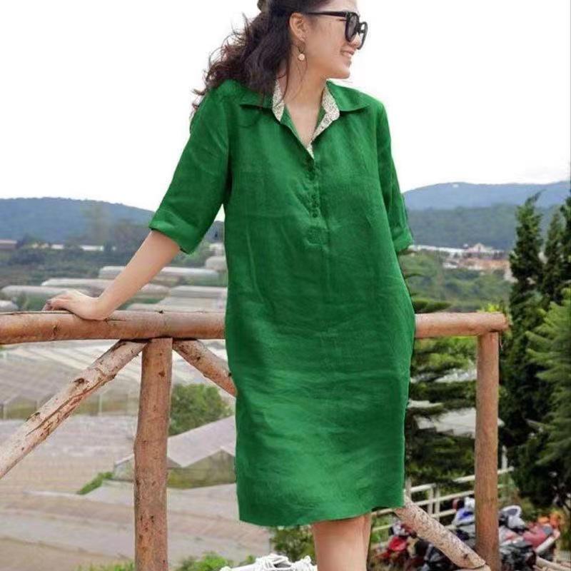 2023 Spring/Summer Plus Size V-neck Loose Mid-length Dress with Unique Design