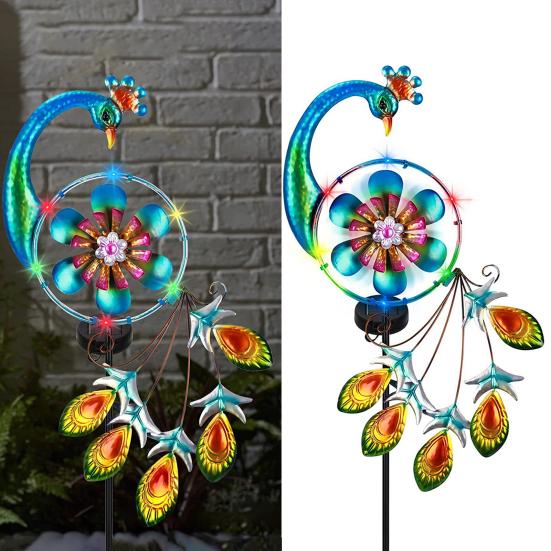 1/2Pcs Peacock Solar Outdoor Lights Auto On/Off Waterproof Easy to Install Metal Lawn Wind Spinners Multi-Color Rotating Windmill