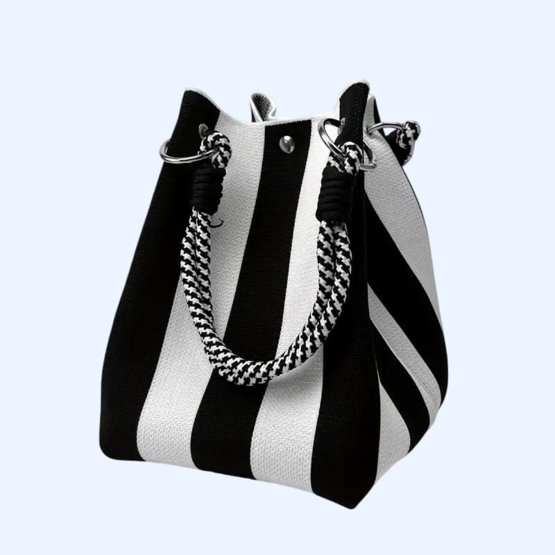 Women's Korean Style Striped Woven Bucket Bag Fashion Fortune Handbag Knitted Tote Shoulder Bag for Vacation Beach Outings