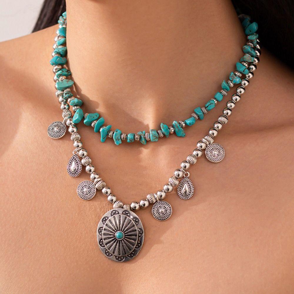 Round Pendant Multi Layer Necklace CCB Beaded Clavicle Chain Trendy Irregular Stone Necklace  Party