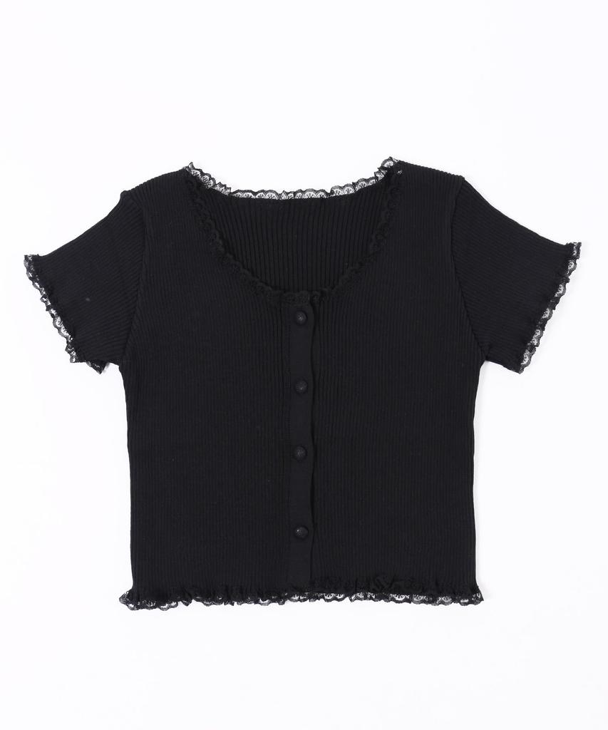WEGO Lace Piping Short Sleeve Knit Size Black Women's Cardigan, F,