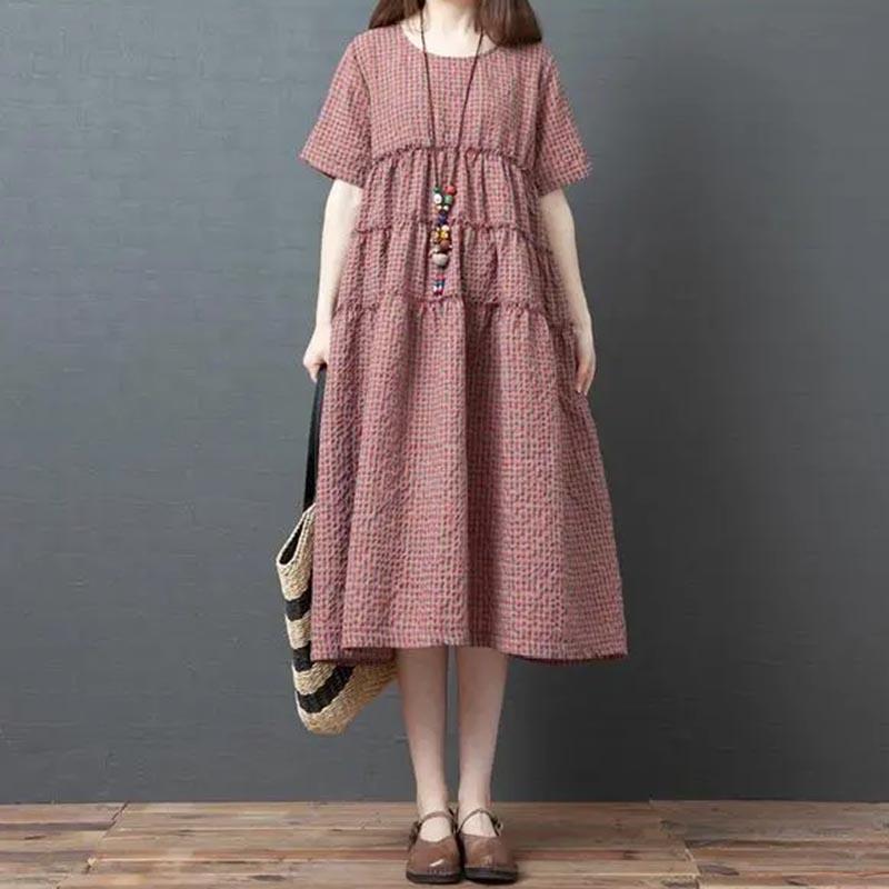 

Платье большого размера женское конопляное ретро повседневное средней длины с коротким рукавом свободного кроя XXL розовый