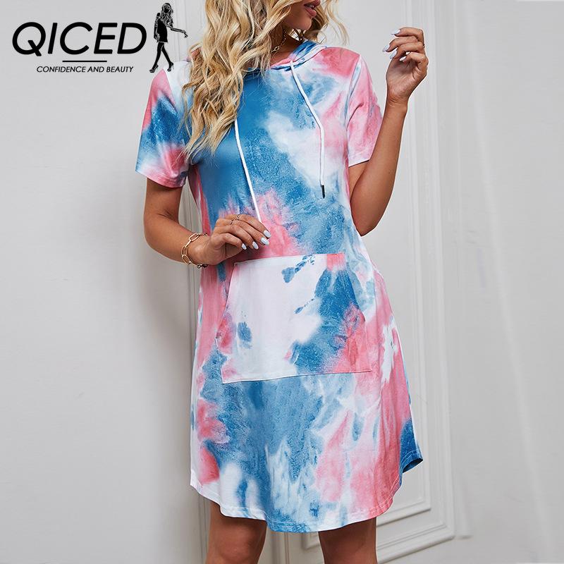 

QICED Женские модные летние весенние повседневные платья с короткими рукавами и капюшоном
