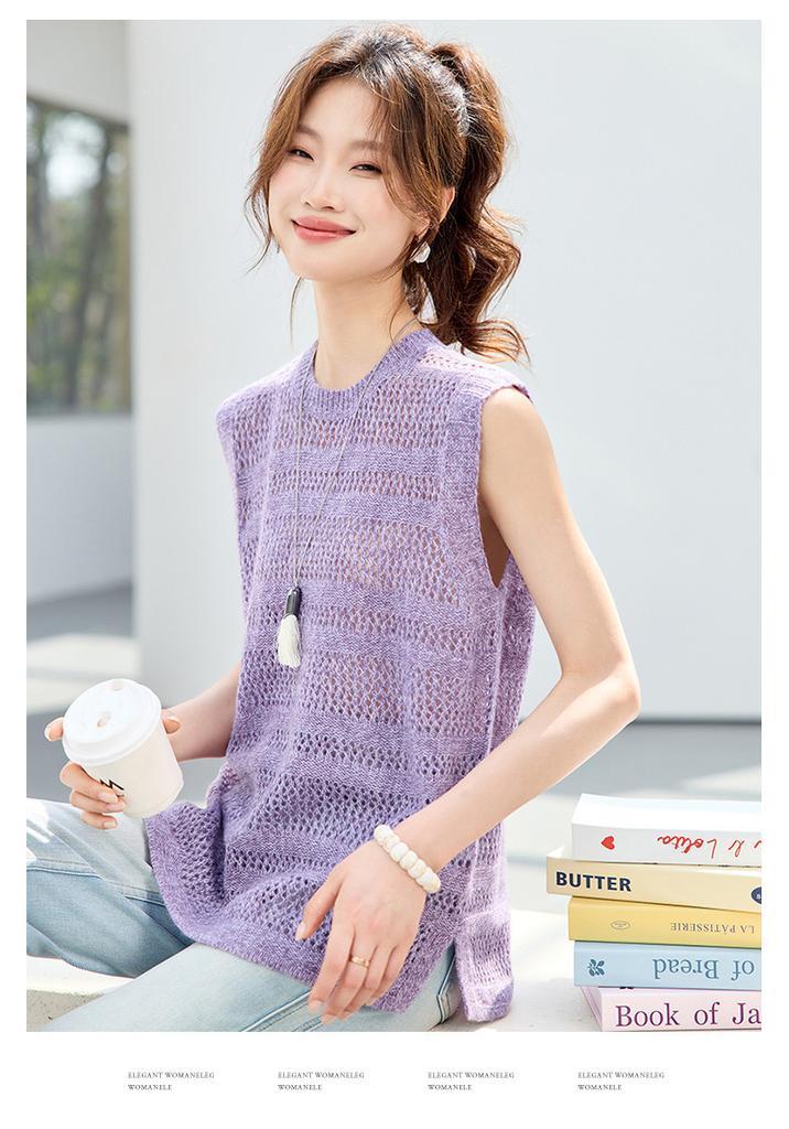 Fashionable 26 year summer outfit, layered on top, round neck, hollowed out knitted vest, knitted sweater, shoulder cut top, women's clothing