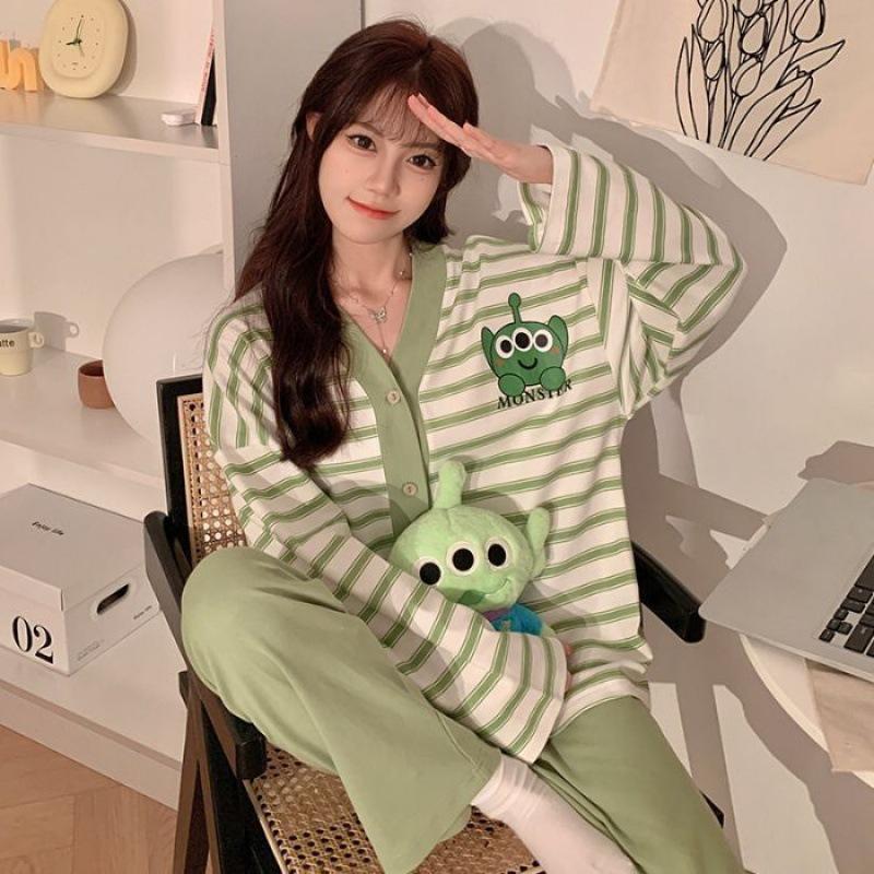 

Весенне-осенняя новая пижама женская из имитации хлопка с V-образным вырезом, кардиган, длинный рукав, брюки, милый мультяшный милый девичий комплект M зелёный