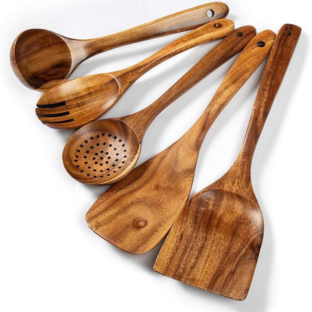5Pcs/Set Acacia Wood Kitchen Utensil Ladle Spatula Salad Fork Home Cooking Tools (BPA Free, No FDA) A