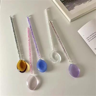 INS Style Glass Dessert Candy Spoon Transparent High Temperature Resistant Coffee Stirring Spoon Long Handle Tea Spoons Gift