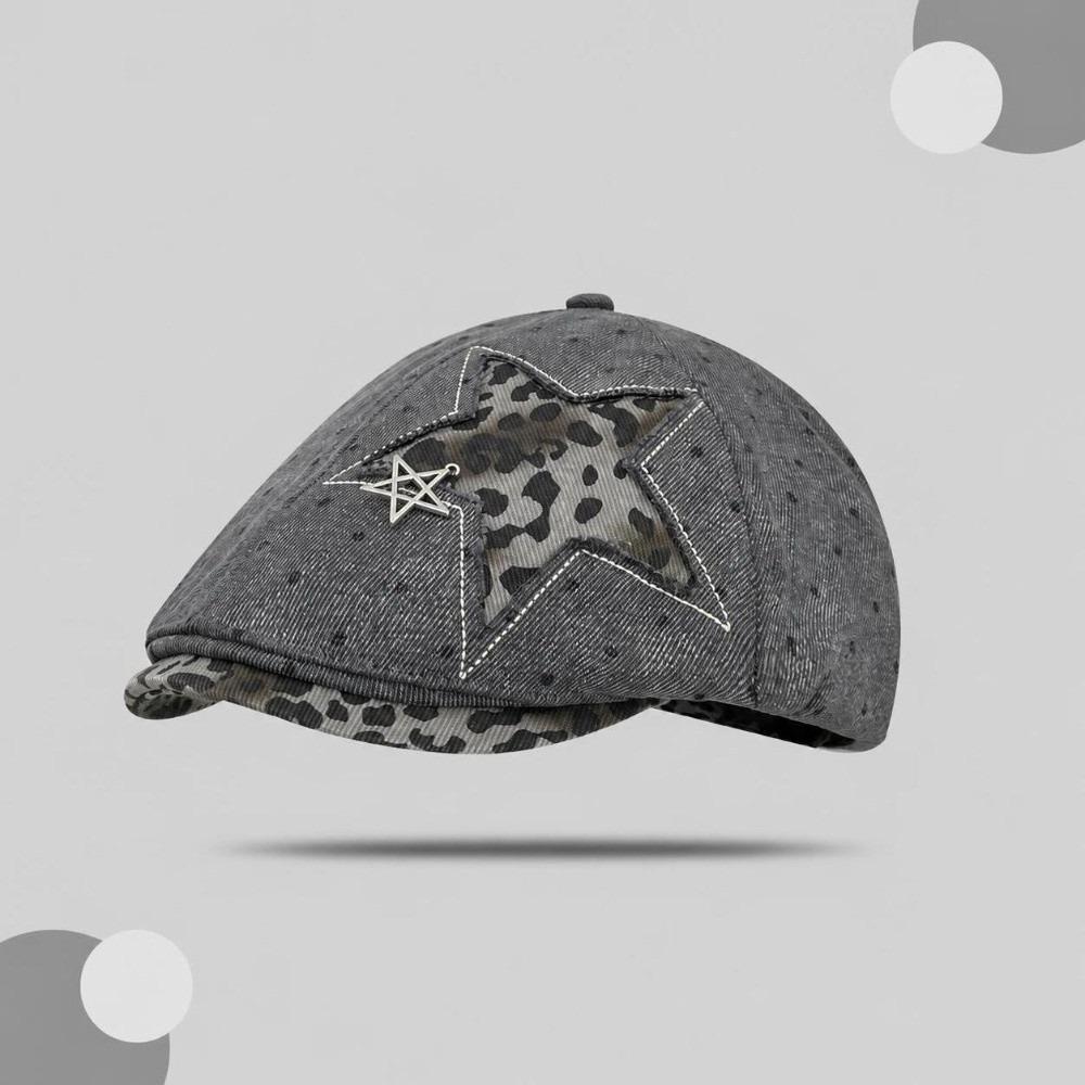 Leopard Denim Beret Hat Star Rivet Forward Hat Vintage Newsboy Cap Harajuku Style