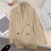 Women Suit Coat Lapel Long Sleeve Double Placket Suit Jacket with Pockets Solid Color Loose Fit Mid-length Business Outerwear