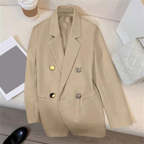 Women Suit Coat Lapel Long Sleeve Double Placket Suit Jacket with Pockets Solid Color Loose Fit Mid-length Business Outerwear